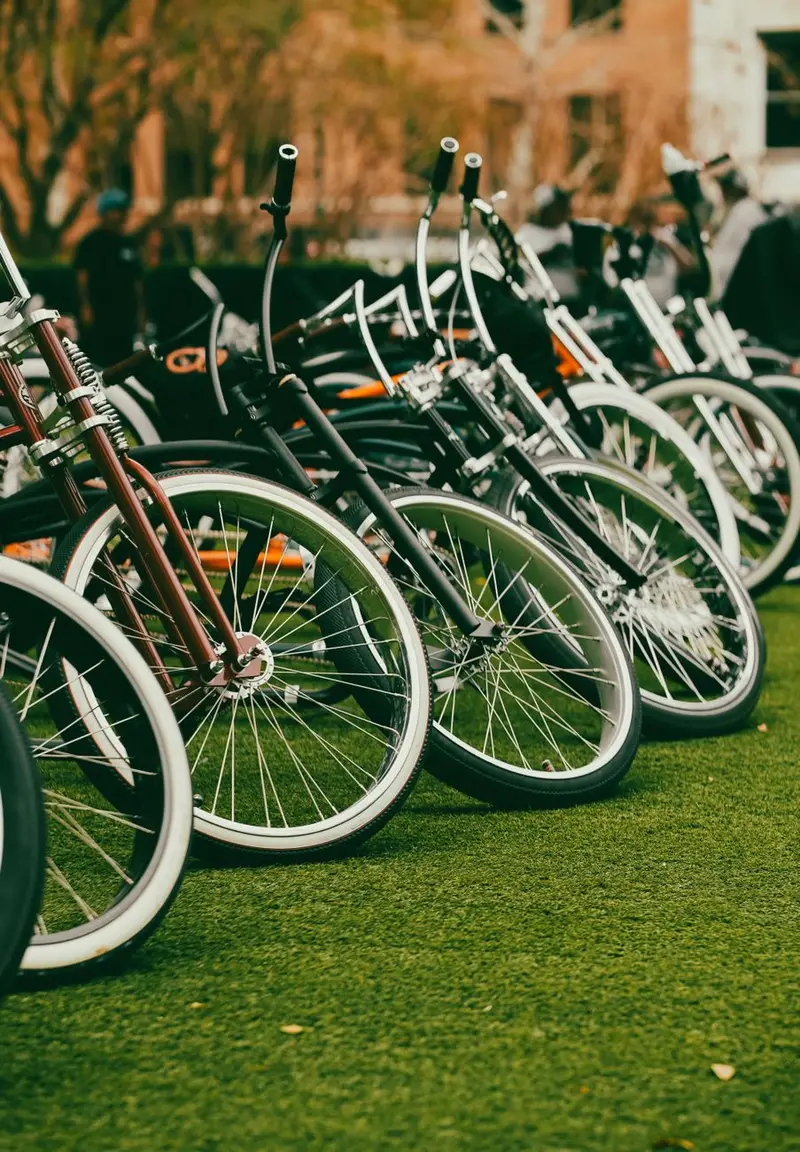 A row of different bicycles lined up together, showing several frame styles